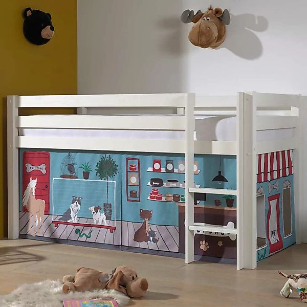 Halbhohes Kinderbett aus Kiefer Massivholz Vorhang Set Tiere günstig online kaufen