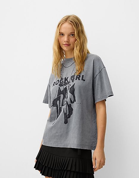 Bershka Oversize-T-Shirt Mit Print Damen Xs Grau günstig online kaufen