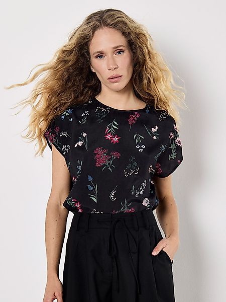 Apricot Kurzarmshirt Botanischer-Blumendruck-Shirt, mit Schlüssellochaussch günstig online kaufen