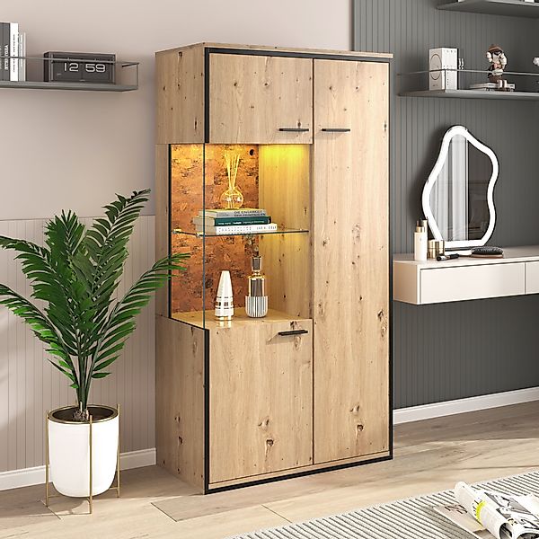 Vitrinenschrank mit LED-Beleuchtung, Glastür und Mehrzweckregalen, Vitrine günstig online kaufen