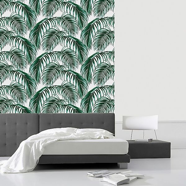 queence Vinyltapete »Tropische Blätter - grün/weiß«, bedruckt-Motiv-botanis günstig online kaufen