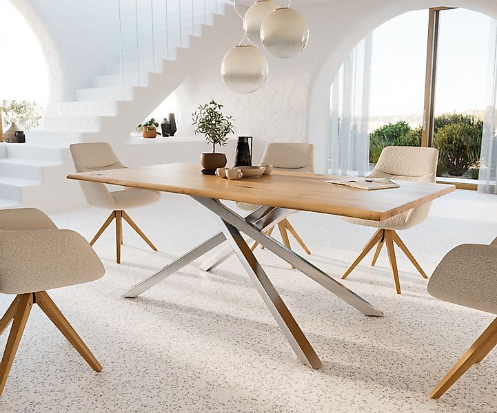 Esstisch Edge 200x100x2,5 Eiche Natur Kreuzgestell Rechteck Edelstahl Live- günstig online kaufen