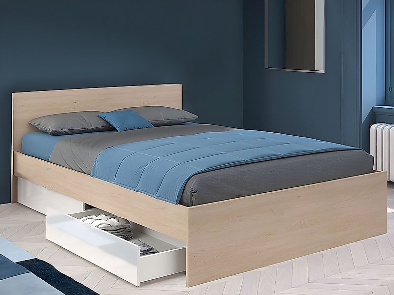 Bett mit 2 Schubladen 160 x 200 cm + Lattenrost + Matratze - Holzfarben & g günstig online kaufen