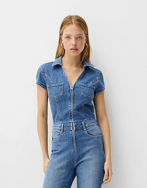 Bershka Jeans-Jumpsuit Mit Kurzen Ärmeln Damen S Ausgewaschenes Blau günstig online kaufen