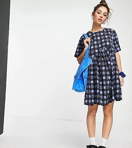 COLLUSION – Mini-Hängerkleid aus Seersucker in blauem Vichy-Karomuster mit günstig online kaufen