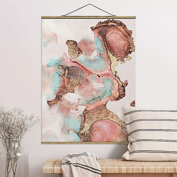 Stoffbild Abstrakt mit Posterleisten - Hochformat Goldenes Aquarell Rosé günstig online kaufen