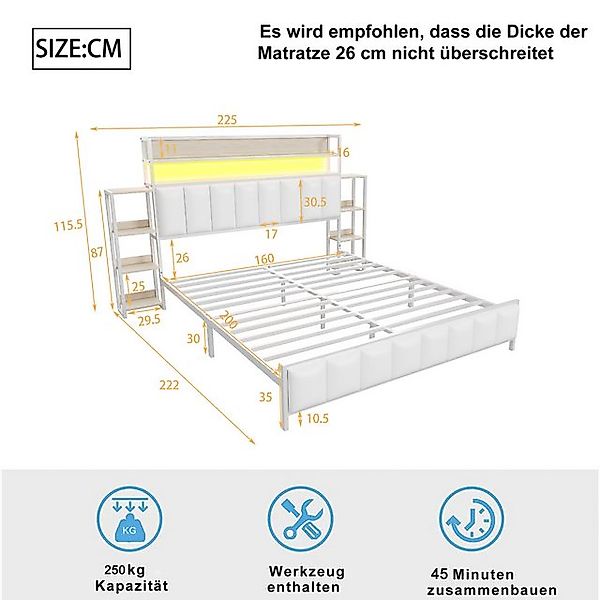Flieks Metallbett, LED Kunstleder-Polsterbett Doppelbett 160x200cm mit Stau günstig online kaufen