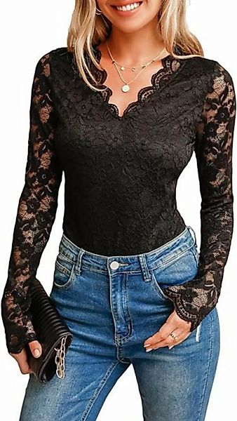 KIKI Langarmshirt Damen Bodysuit Floral Spitze V Ausschnitt Muschelkante La günstig online kaufen