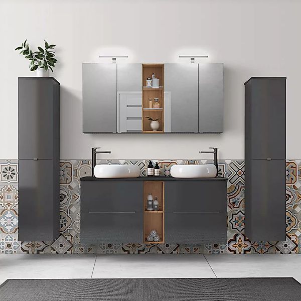 Badezimmermöbel Komplett Set mit 2 Hochschränken AMARILLO-147-GREY, Hochgla günstig online kaufen