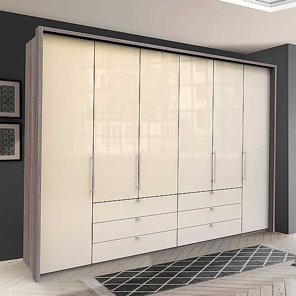 Schlafzimmerkleiderschrank in Cremeweiß und Eiche Trüffelfarben glasbeschic günstig online kaufen