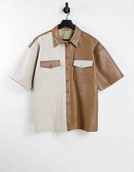 NA-KD – Oversize-Hemd mit Block-Muster aus Kunstleder in Beige-Neutral günstig online kaufen
