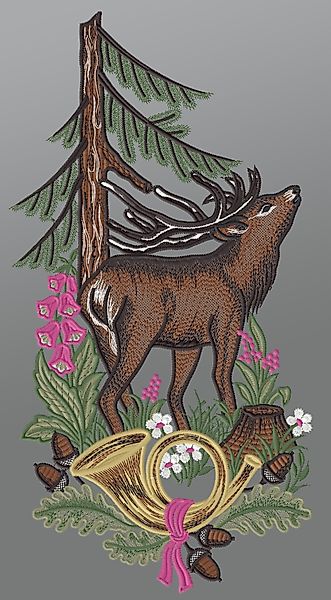 Plauener Spitze® Fensterbild Hirsch mit Jagdhorn, günstig online kaufen