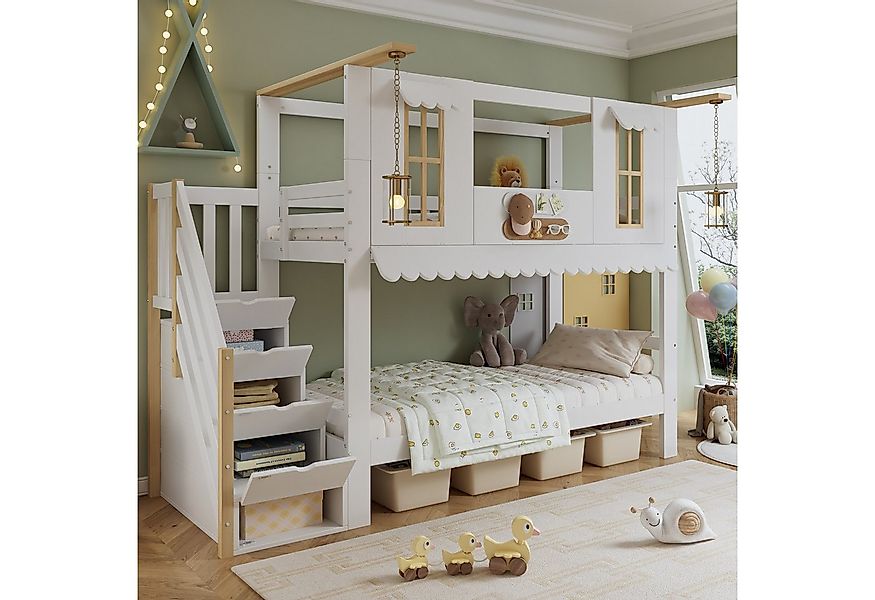 Flieks Etagenbett, Kinderbett Hausbett 90x200cm mit Rausfallschutz Stauraum günstig online kaufen