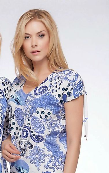 Passioni T-Shirt T-Shirt mit blauem Zierdruck und Kordelzug an den Ärmeln günstig online kaufen