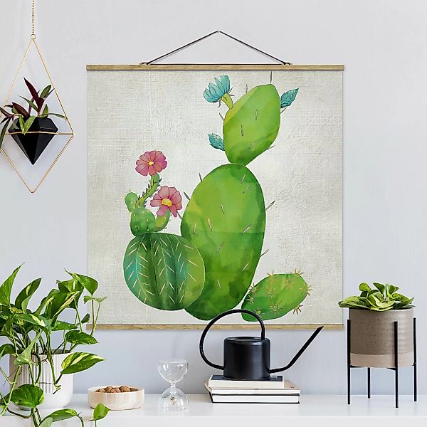 Stoffbild Blumen mit Posterleisten - Quadrat Kaktusfamilie rosa türkis günstig online kaufen