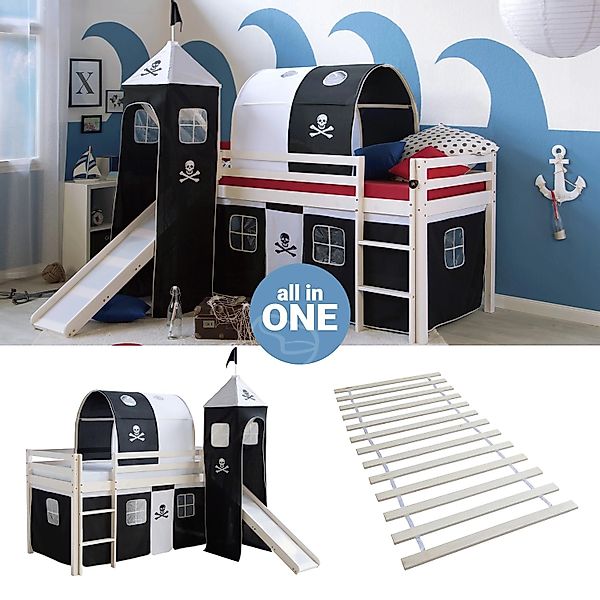 Homestyle4u Hochbett 90x200 mit Vorhang Lattenrost Rutsche Turm Tunnel in W günstig online kaufen