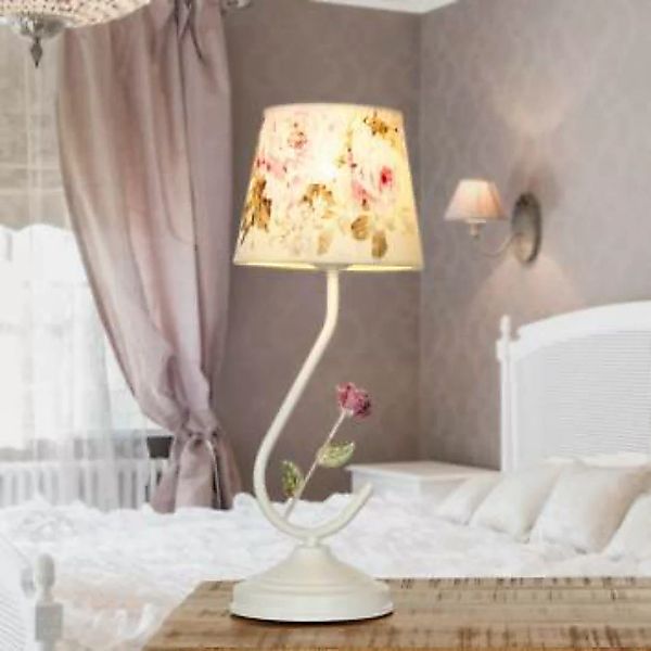 Tischlampe Landhausstil Weiß Rosen Stoff Metall E27 günstig online kaufen