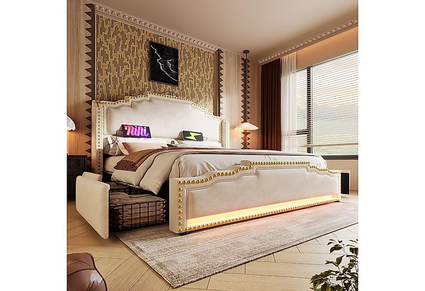 Celya Polsterbett Doppelbett mit 4 Schubladen, LED-Beleuchtung und USB-C-La günstig online kaufen