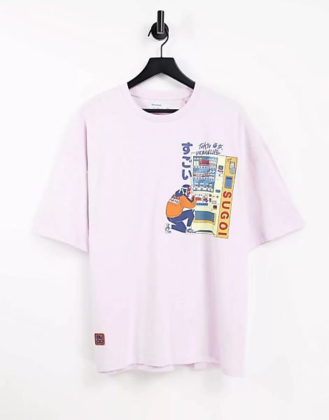 Bershka – T-Shirt in Rosa mit japanischem Print auf dem Rücken-Grau günstig online kaufen