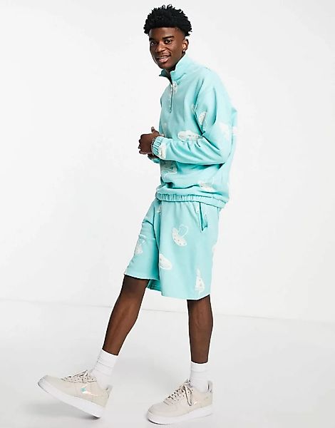 ASOS DESIGN – Oversize-Shorts aus Jersey in Blau mit durchgehendem Pilz-Pri günstig online kaufen