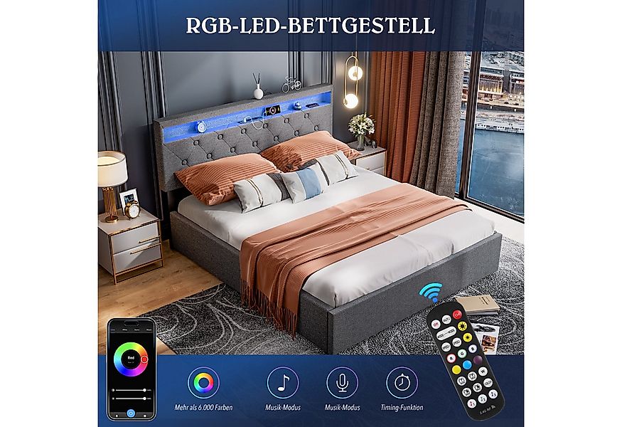 oyajia Polsterbett Doppelbett mit LED Licht 140x200cm,Hydraulisch anhebbare günstig online kaufen