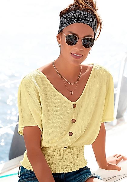 LASCANA V-Shirt, mit breitem Smoksaum und Kopfleiste, Blusenshirt, sommerli günstig online kaufen