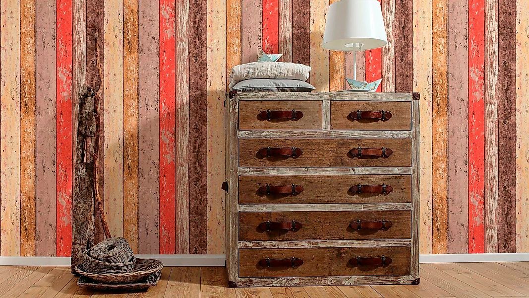 Bricoflor Vintage Tapete in Holzoptik Bretter Tapete in Rot und Braun Rusti günstig online kaufen