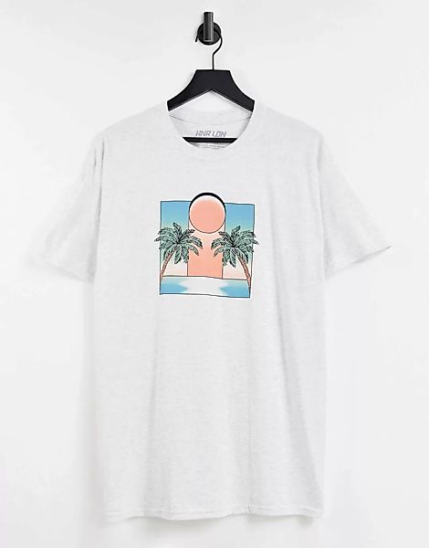 HNR LDN – Oversize-T-Shirt mit Spiegel-Palmenprint vorne-Grau günstig online kaufen