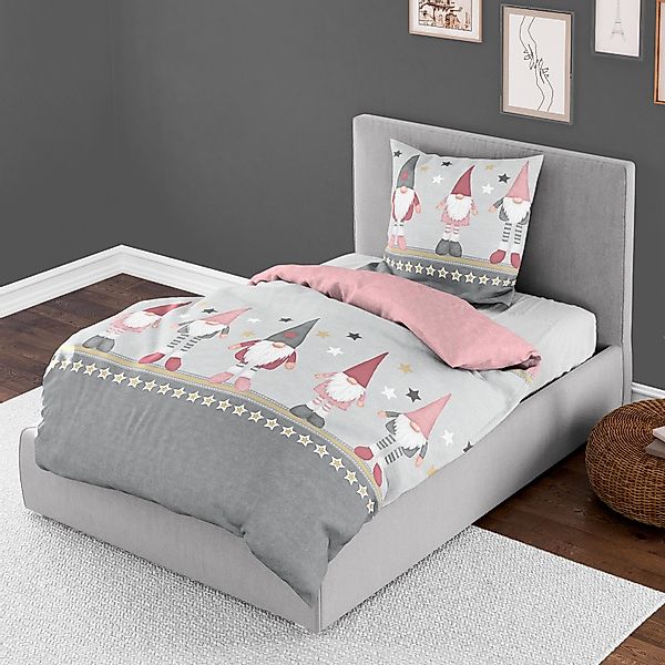 Bettwäsche Bierbaum Biber 4104-60 Wichtel Sterne Grau Rosa 135x200 günstig online kaufen