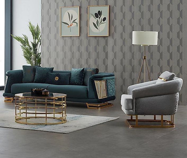 JVmoebel Sofa Sofagarnitur Polstersofa Dreisitzer Sessel Blau Couch Stoffso günstig online kaufen
