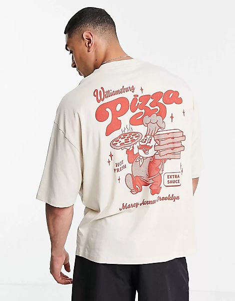 ASOS DESIGN – Oversize-T-Shirt in Beige mit Pizza-Rückenprint-Neutral günstig online kaufen