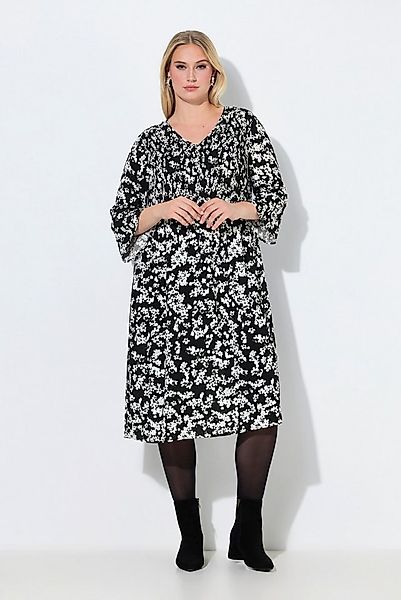 Ulla Popken Jerseykleid Midikleid Blüten A-Linie V-Ausschnitt 3/4-Arm günstig online kaufen