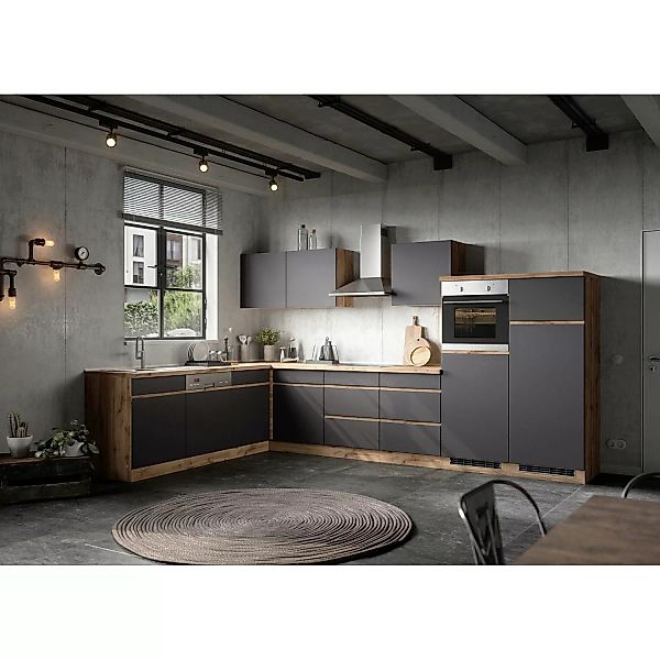 Held Möbel Winkelküche Turin 360 x 240 cm Graphit-Wotaneiche mit E-Geräten günstig online kaufen