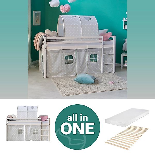 Homestyle4u Hochbett 90x200 Weiß mit Lattenrost und Matratze Tunnel 2772 günstig online kaufen