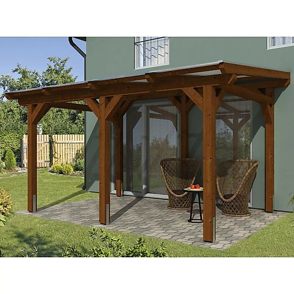 Skan Holz Terrassenüberdachung Siena 434 x 300 cm Leimholz Nussbaum günstig online kaufen