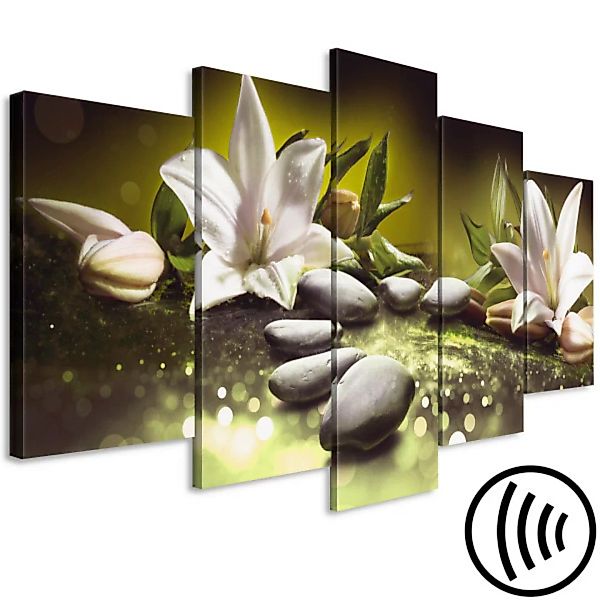 Wandbild Lilies and Stones (5 Parts) Wide Green XXL günstig online kaufen