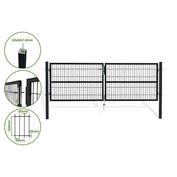 Casanoov Doppelflügeliges Zauntor Razo 300x100cm Stahl Grau günstig online kaufen