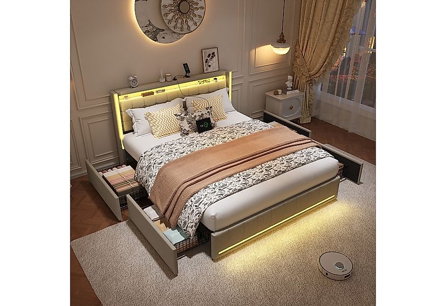 PXloue Polsterbett LED Doppelbett 140x200cm mit Ladefunktion und 4 Schublad günstig online kaufen