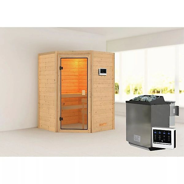 Woodfeeling Sauna Antonia inkl. 9 kW Bio-Ofen mit ext. Strg. Glastür günstig online kaufen