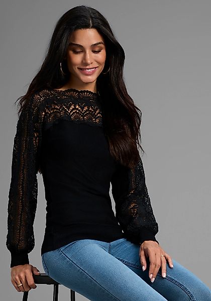 Bruno Banani Strickpullover mit Spitze auf Ärmel und Schulter günstig online kaufen