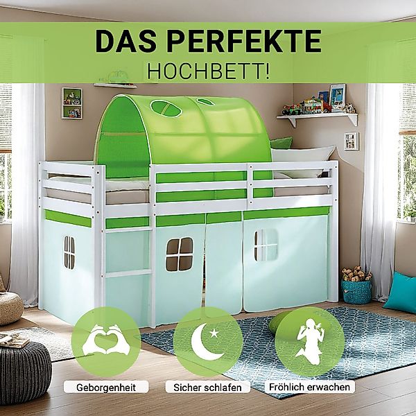 Homestyle4u Kinder Hochbett 90x200 mit Matratze Tunnel Vorhang Grün Kinderb günstig online kaufen