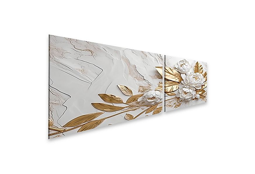 islandburner Leinwandbild Marmor Textur Weiß Gold Farben Goldene Blumen Lux günstig online kaufen