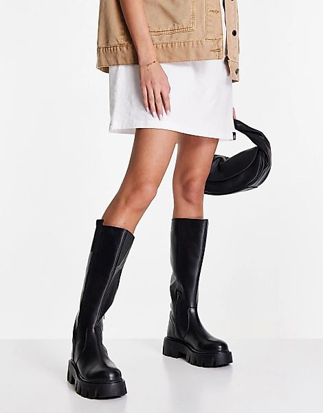 ASOS DESIGN – Casey – Kniehohe Stiefel aus schwarzem Leder mit dicker Sohle günstig online kaufen