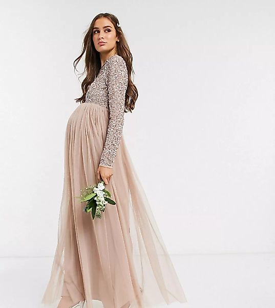 Maya Maternity – Bridesmaid – Langärmliges Maxi-Tüllkleid mit filigraner, t günstig online kaufen
