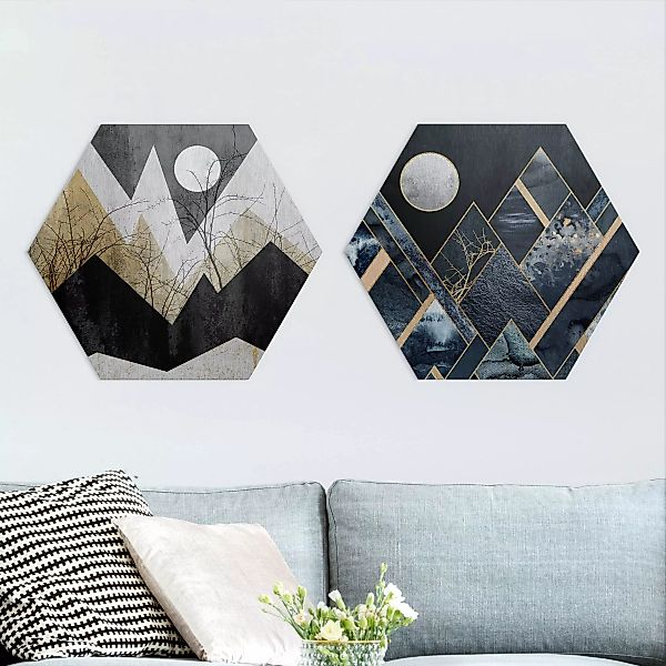 2-teiliges Hexagon-Alu-Dibond Bild Goldener Mond und geometrische Berge günstig online kaufen