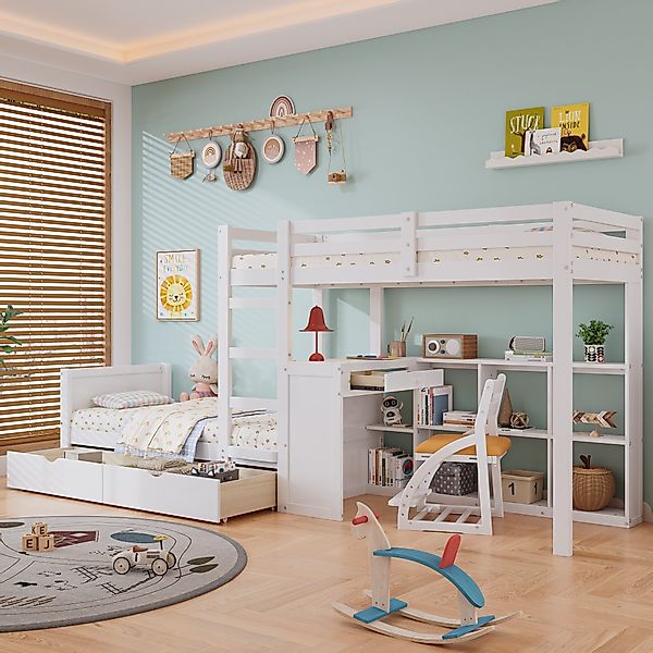 Merax Etagenbett 90x200cm mit Schreibtisch, Regal günstig online kaufen