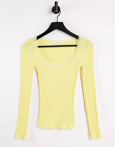 Topshop – Langärmliges Shirt mit Spitzenbesatz in Gelb günstig online kaufen