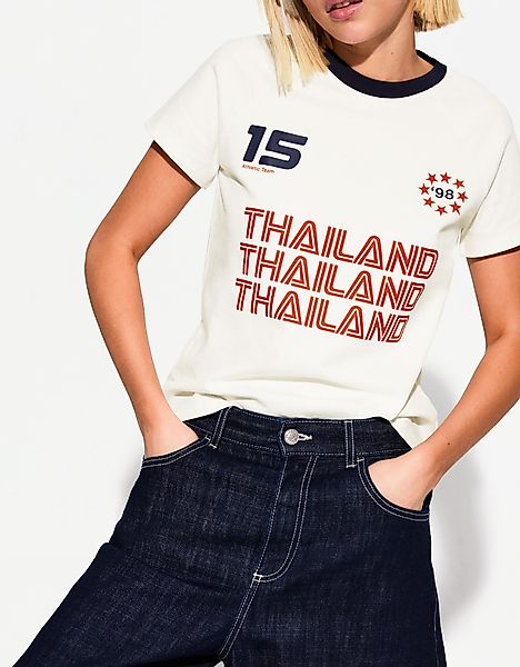 Bershka T-Shirt Mit Farblich Abgesetzten Kurzen Ärmeln Und Print Damen L Gr günstig online kaufen