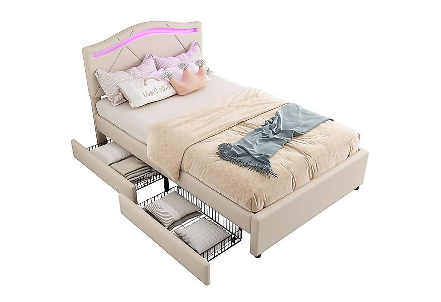 Flieks Polsterbett, LED Einzelbett 90x200cm mit 2 Schubladen und verstellba günstig online kaufen