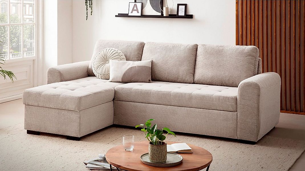 Massivart® Ecksofa POLL Cord beige / 243 cm, Cordsofa / Bettfunktion / Bett günstig online kaufen